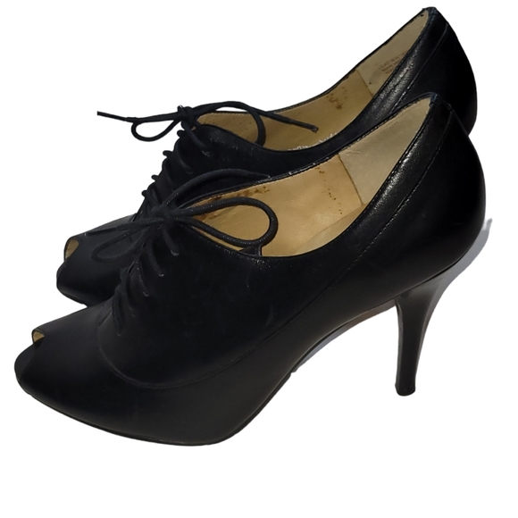 Ciao Bella 40's Style Black Leather Open Toe Peep Lace Up Heels Size 8 1/2 - Picture 4 of 8